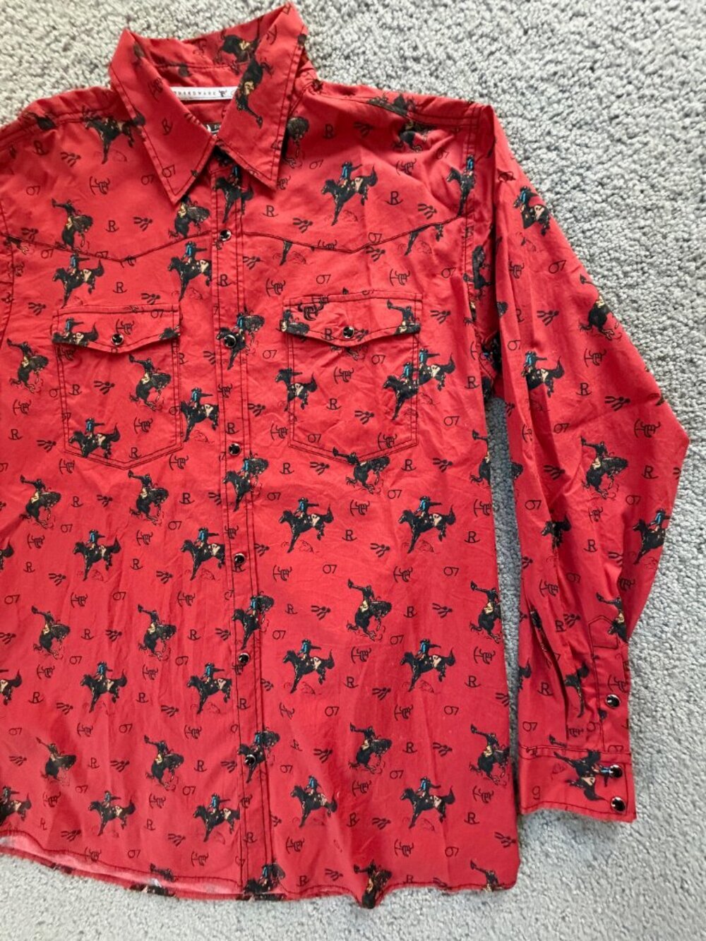 Cowboy Hardware Mens Vintage Bronc Red Stretch Western Pearl Snap Shirt Large - Picture 2 of 13